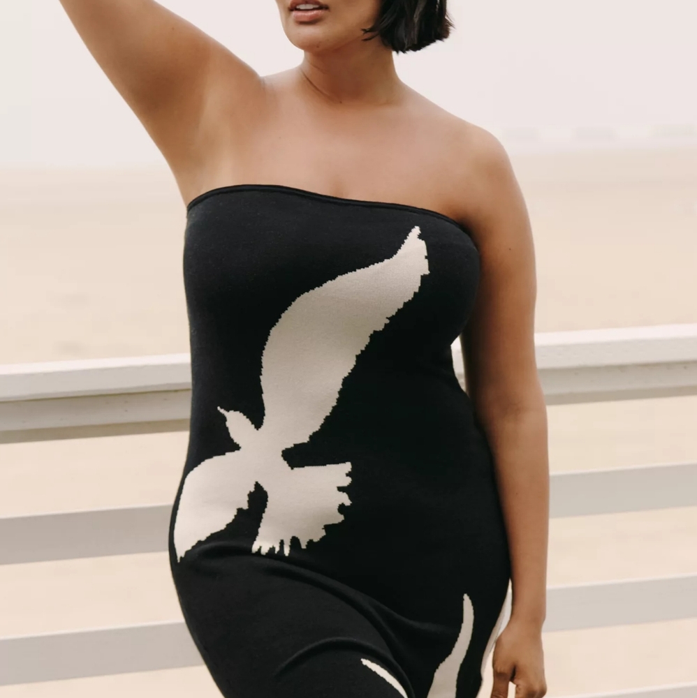 Black and White Strapless Dress with Bird Design